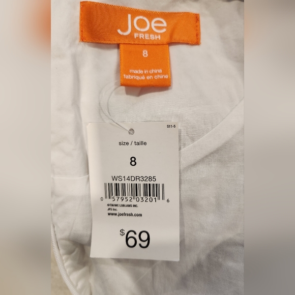 White 100% Cotton Dress with Blue Floral Crochet at Neckline and Hemline - Picture 9 of 13